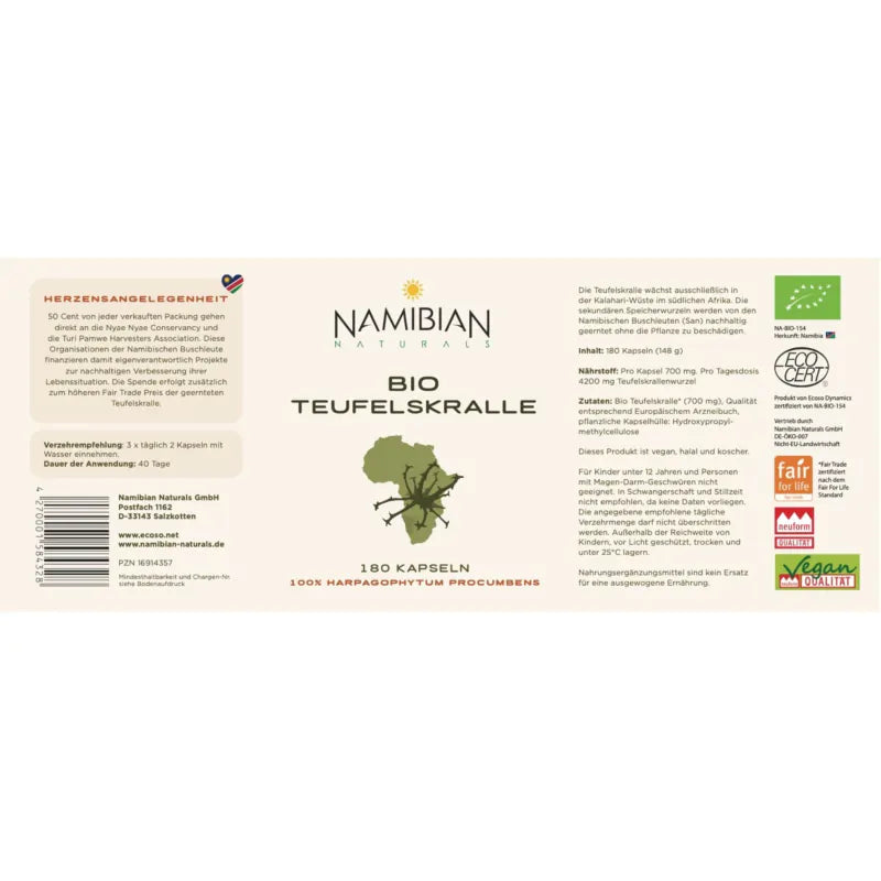 Namibian Naturals Bio Teufelskralle Kapseln - 700mg - 180 Stück, Fair Trade